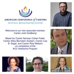 ACC logo surrounded by photos of 5 cantors. Top right, Josh in a blue sweater and glasses. Below him, Norman looking to the right wearing a grey suit. Below, Abby wearing a red top and colorful tall it. Left, Lisa wearing glasses and smiling. Left, Risa wearing a grey top and smiling. 