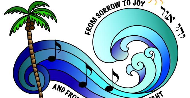 Palm tree and wave with music notes. Text says From Sorrow to Joy and from darkness to great light