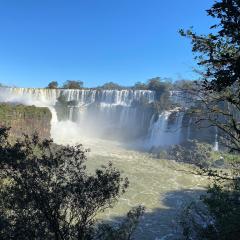 A photograph of a very high waterfall with trees in the foreground. Blue sky above