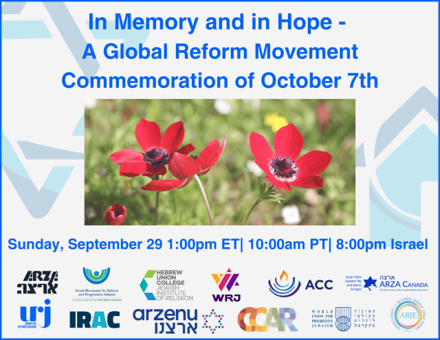 In memory and hope-global reform movement commemoration. Red poppies surrounded by the logos of URJ partners