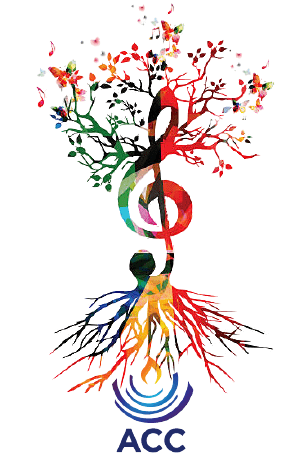 Treble clef growing into a colorful tree with ACC logo at bottom